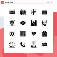 Pack of 16 Modern Solid Glyphs Signs and Symbols for Web Print Media such as alarm date navigation vecation trip Editable Vector Design Elements