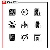 Pack of 9 Modern Solid Glyphs Signs and Symbols for Web Print Media such as exercise employee mic avatar business Editable Vector Design Elements