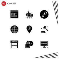 Mobile Interface Solid Glyph Set of 9 Pictograms of pointer location guilder web earth Editable Vector Design Elements