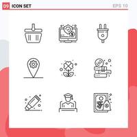 Universal Icon Symbols Group of 9 Modern Outlines of four location security geo power plug Editable Vector Design Elements