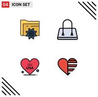 Mobile Interface Filledline Flat Color Set of 4 Pictograms of folder american computing purse heart Editable Vector Design Elements