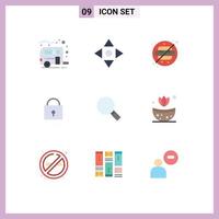 9 User Interface Flat Color Pack of modern Signs and Symbols of search look no glass lock Editable Vector Design Elements