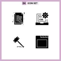 Pack of 4 creative Solid Glyphs of document action search css court Editable Vector Design Elements