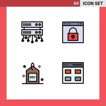 User Interface Pack of 4 Basic Filledline Flat Colors of database server media browser page search Editable Vector Design Elements