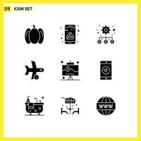 Pack of 9 creative Solid Glyphs of seo development management transportation plane Editable Vector Design Elements