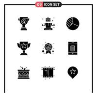 Set of 9 Vector Solid Glyphs on Grid for ribbon badge graph trophy cup Editable Vector Design Elements