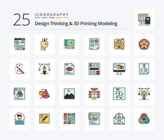 Design Thinking And D Printing Modeling 25 Line Filled icon pack including atom. plus. mobile. document. pros vector