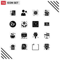 Modern Set of 16 Solid Glyphs Pictograph of rupiah idr processing stock finance Editable Vector Design Elements