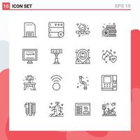 Outline Pack of 16 Universal Symbols of cardiogram money less dollar coin Editable Vector Design Elements