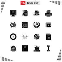 16 User Interface Solid Glyph Pack of modern Signs and Symbols of investment coins game printer device Editable Vector Design Elements