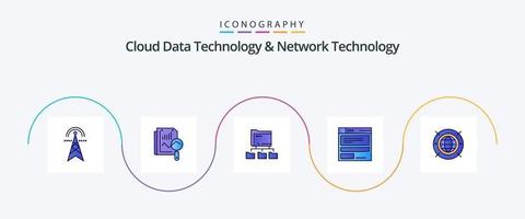Cloud Data Technology And Network Technology Line Filled Flat 5 Icon Pack Including internet . computing. computing. browser. computing vector
