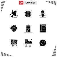 Pack of 9 Modern Solid Glyphs Signs and Symbols for Web Print Media such as buildings off court network cloud Editable Vector Design Elements