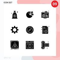 Universal Icon Symbols Group of 9 Modern Solid Glyphs of compass navigation business gear cog Editable Vector Design Elements