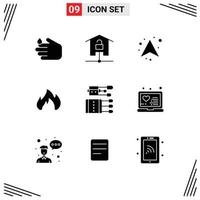 9 User Interface Solid Glyph Pack of modern Signs and Symbols of acupuncture fire place technology heating direction Editable Vector Design Elements