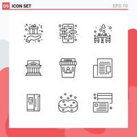 Pack of 9 Modern Outlines Signs and Symbols for Web Print Media such as building bank language romantic dinner Editable Vector Design Elements