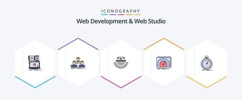 Web Development And Web Studio 25 FilledLine icon pack including speed. dashboard. people. web. site vector