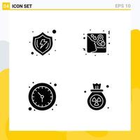 Pack of 4 creative Solid Glyphs of protect clock shield day watch Editable Vector Design Elements