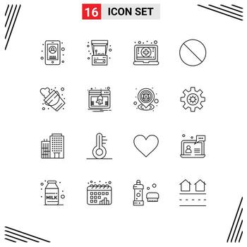 16 Universal Outlines Set for Web and Mobile Applications firefighter bucket digital stop cancel Editable Vector Design Elements
