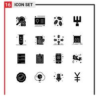 Modern Set of 16 Solid Glyphs Pictograph of laboratory glassware party biology rake Editable Vector Design Elements