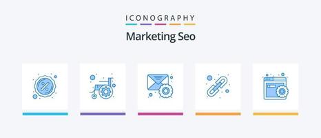 márketing seo azul 5 5 icono paquete incluso configurar. enlace. discapacidad. enlace edificio. correo lista. creativo íconos diseño vector