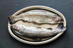 Fresh trouts in ice on the vintage metal tray photo