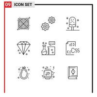 Modern Set of 9 Outlines Pictograph of chemistry laboratory chemical equipment ice jewelry diamond Editable Vector Design Elements