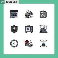 Mobile Interface Filledline Flat Color Set of 9 Pictograms of video tv ramadan shield access Editable Vector Design Elements