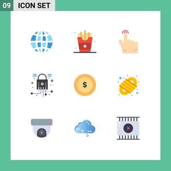 Pictogram Set of 9 Simple Flat Colors of finance coin double security lock Editable Vector Design Elements