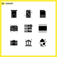 Mobile Interface Solid Glyph Set of 9 Pictograms of hobbies book phone paper hand Editable Vector Design Elements