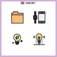 Mobile Interface Filledline Flat Color Set of 4 Pictograms of files idea connect ecology bulb Editable Vector Design Elements