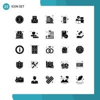 Modern Set of 25 Solid Glyphs Pictograph of desk pills video player pharmacy calcium Editable Vector Design Elements