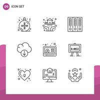 9 User Interface Outline Pack of modern Signs and Symbols of youtube marketing archive download cloud Editable Vector Design Elements