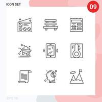 Set of 9 Vector Outlines on Grid for wheelbarrow farm garden agriculture ui Editable Vector Design Elements