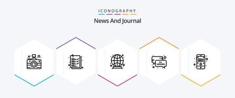 Noticias 25 línea icono paquete incluso móvil grabación. móvil. globo. cámara. Noticias actualizar vector