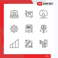 Mobile Interface Outline Set of 9 Pictograms of employee label user compete auction Editable Vector Design Elements