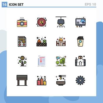 Pictogram Set of 16 Simple Flat Color Filled Lines of wireframe paper chandelier graph computer Editable Creative Vector Design Elements