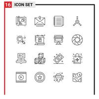 Modern Set of 16 Outlines Pictograph of day zoom notebook search fire ware Editable Vector Design Elements