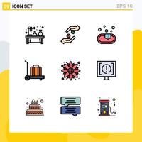 User Interface Pack of 9 Basic Filledline Flat Colors of sunflower autumn help luggage washroom Editable Vector Design Elements