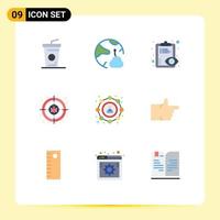 Pack of 9 Modern Flat Colors Signs and Symbols for Web Print Media such as seo target eye internet crime Editable Vector Design Elements