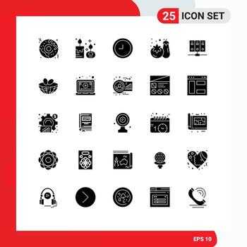 Mobile Interface Solid Glyph Set of 25 Pictograms of eggs server clock mainframe vegetable Editable Vector Design Elements