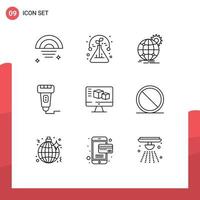 Universal Icon Symbols Group of 9 Modern Outlines of scanner payment international machine gear Editable Vector Design Elements