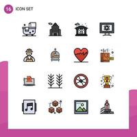 Modern Set of 16 Flat Color Filled Lines Pictograph of worker builder building space monitor Editable Creative Vector Design Elements