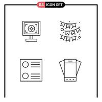 Mobile Interface Line Set of 4 Pictograms of brand radio button print party mobile Editable Vector Design Elements