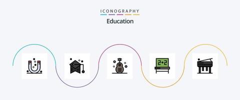 educación línea lleno plano 5 5 icono paquete incluso estudios. pizarra. birrete. música. guitarra vector