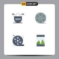 Set of 4 Vector Flat Icons on Grid for data movie secure video video Editable Vector Design Elements