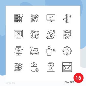 Mobile Interface Outline Set of 16 Pictograms of natural green computer forest pc Editable Vector Design Elements