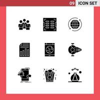 Mobile Interface Solid Glyph Set of 9 Pictograms of file arrow construction travel globe Editable Vector Design Elements