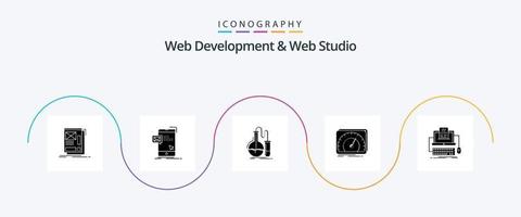 web desarrollo y web estudio glifo 5 5 icono paquete incluso dispositivo. prueba. correo. investigación. química vector