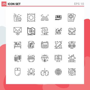 Editable Vector Line Pack of 25 Simple Lines of mail passport wave document tablet Editable Vector Design Elements