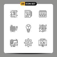 Pack of 9 Modern Outlines Signs and Symbols for Web Print Media such as aim light green lab plug Editable Vector Design Elements